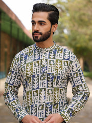 Men's Ethnic Motifs Pure Cotton Navy Blue Printed Kurta - SanskrutiHomes 