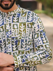 Men's Ethnic Motifs Pure Cotton Navy Blue Printed Kurta - SanskrutiHomes 