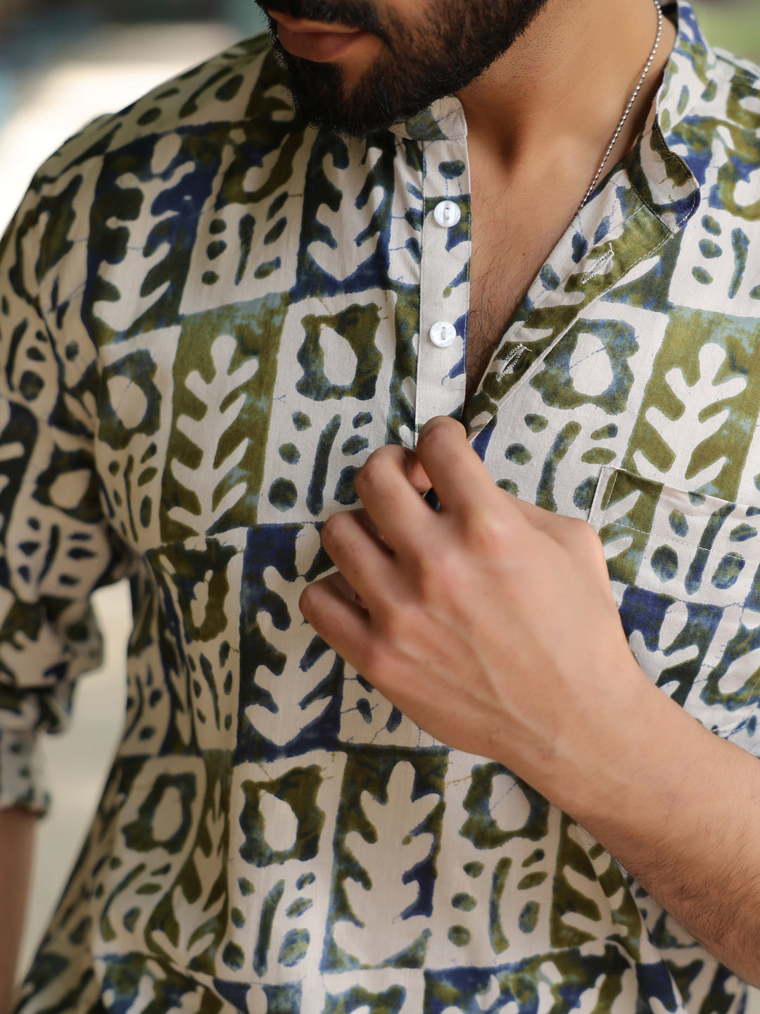 Men's Ethnic Motifs Pure Cotton Navy Blue Printed Kurta - SanskrutiHomes 