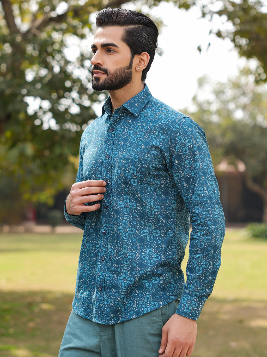 Men's Floral Print Pure Cotton Teal Casual Shirt - SanskrutiHomes 