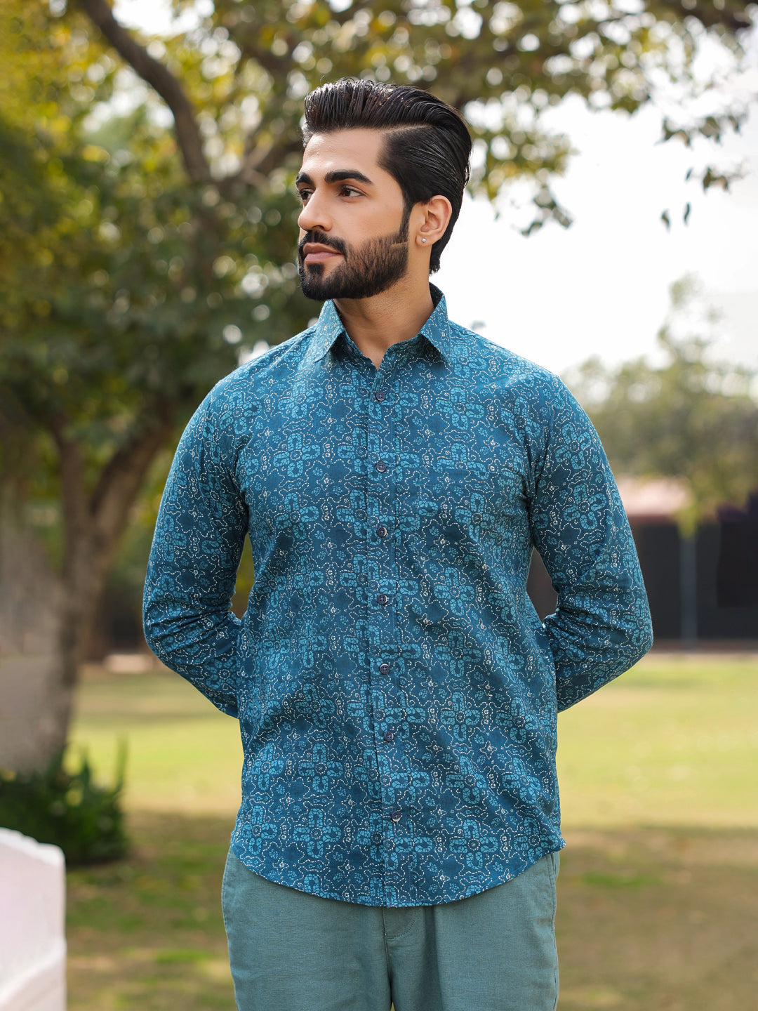 Men's Floral Print Pure Cotton Teal Casual Shirt - SanskrutiHomes 