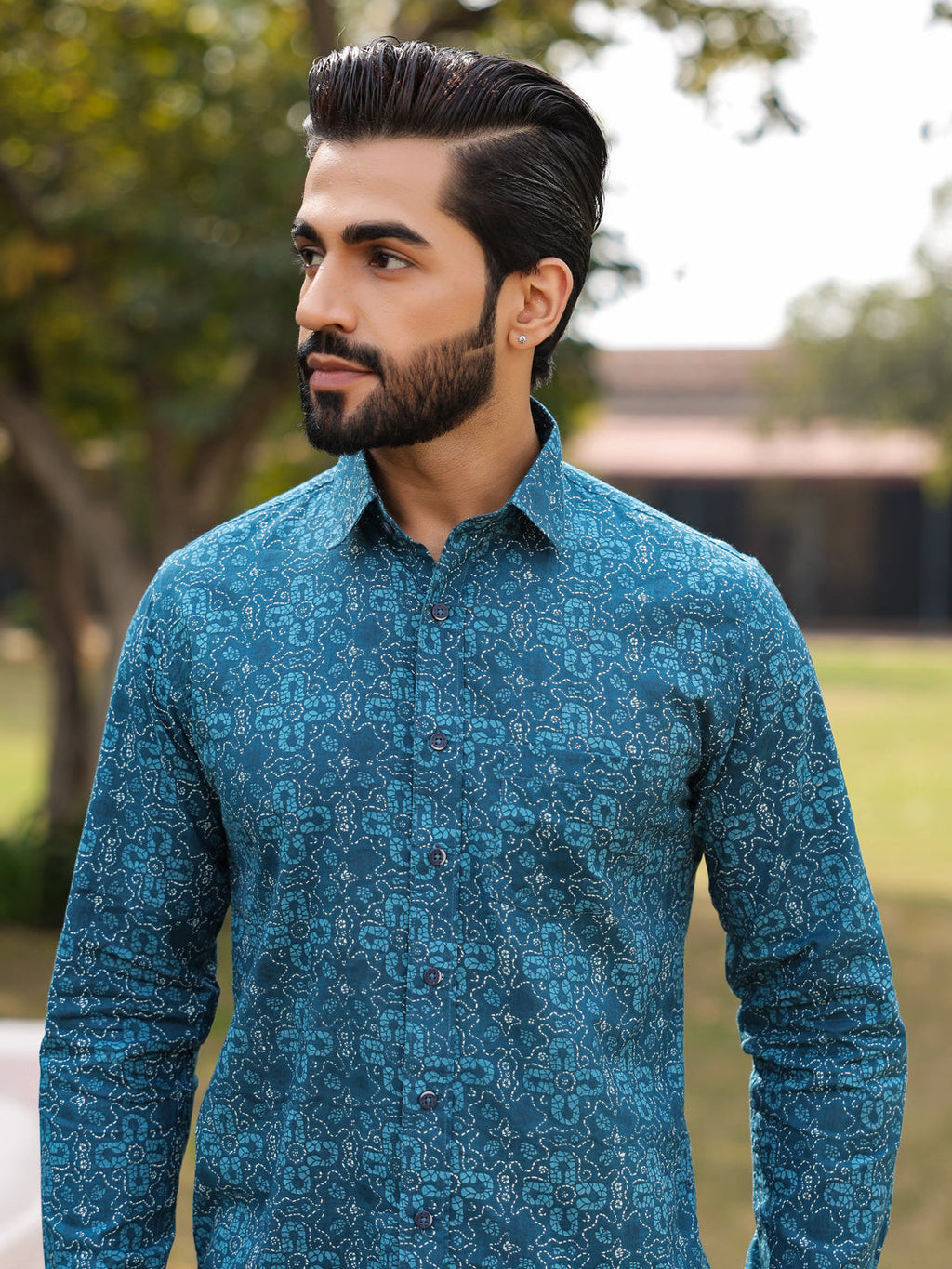 Men's Floral Print Pure Cotton Teal Casual Shirt - SanskrutiHomes 