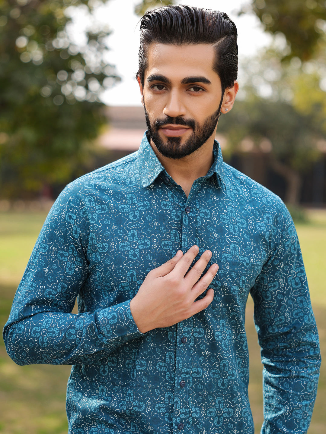 Men's Floral Print Pure Cotton Teal Casual Shirt - SanskrutiHomes 