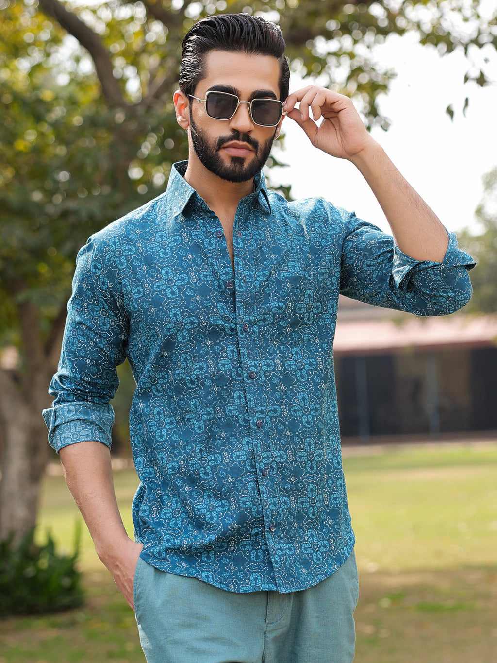 Men's Floral Print Pure Cotton Teal Casual Shirt - SanskrutiHomes 