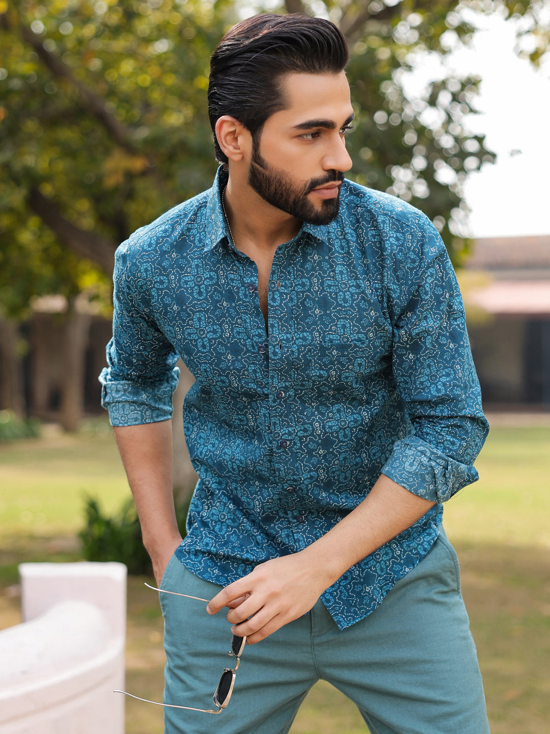 Men's Floral Print Pure Cotton Teal Casual Shirt - SanskrutiHomes 