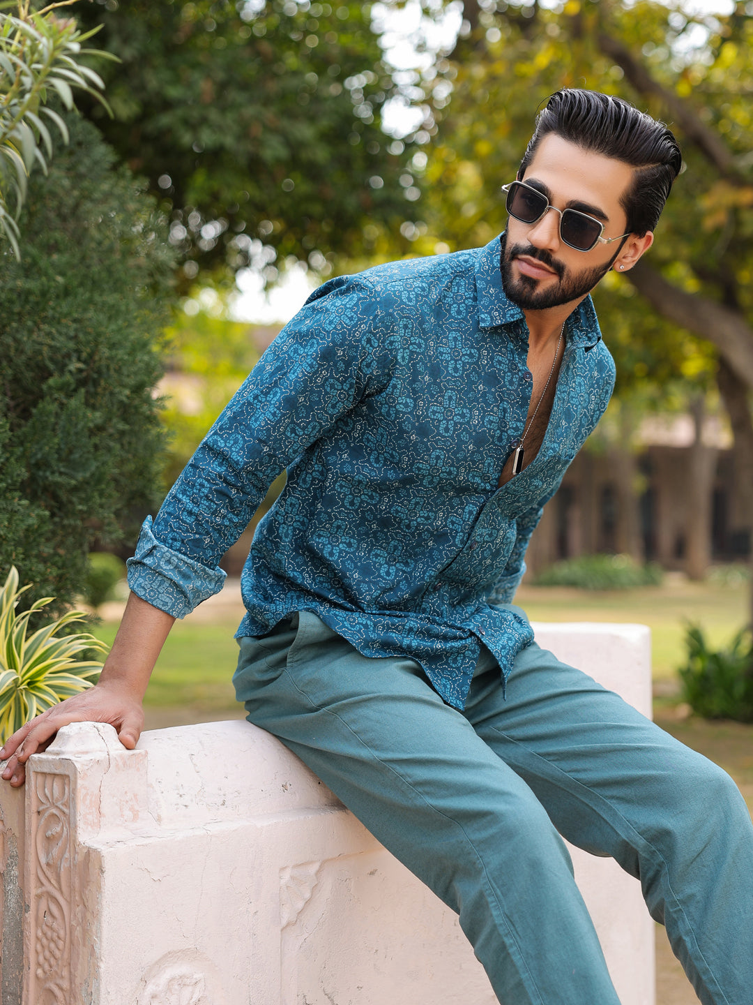 Men's Floral Print Pure Cotton Teal Casual Shirt - SanskrutiHomes 
