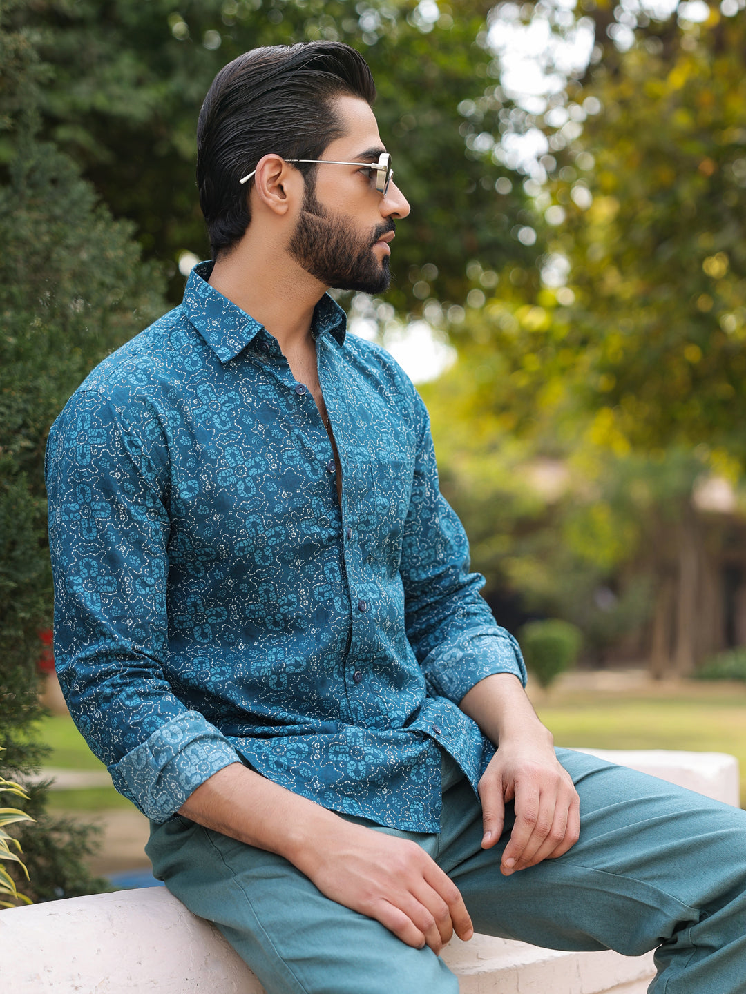 Men's Floral Print Pure Cotton Teal Casual Shirt - SanskrutiHomes 