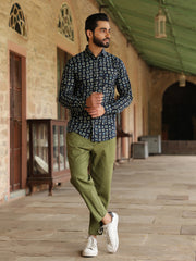 Men's Geometric Print Pure Cotton Navy Blue Casual Shirt - SanskrutiHomes 