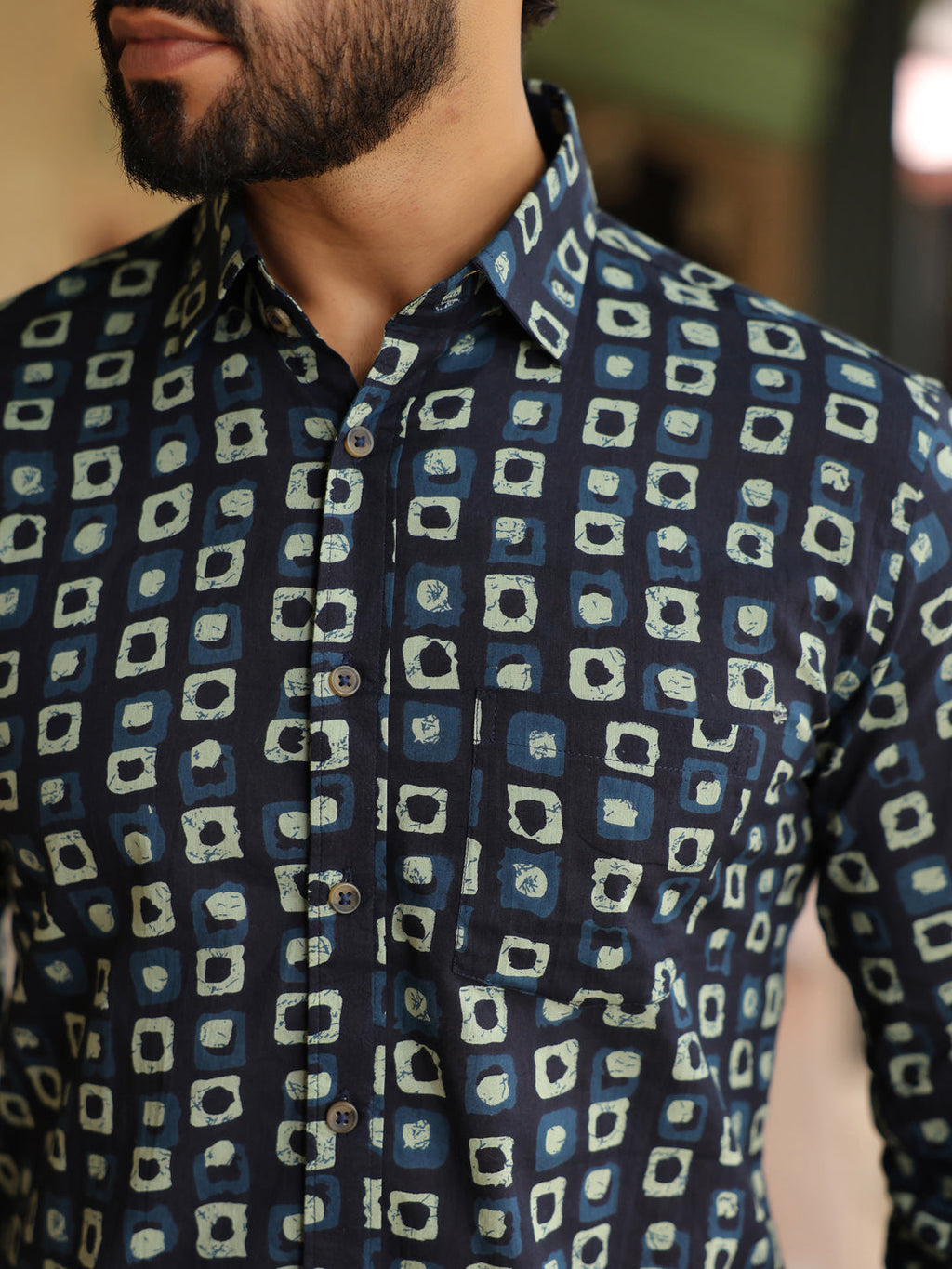 Men's Geometric Print Pure Cotton Navy Blue Casual Shirt - SanskrutiHomes 