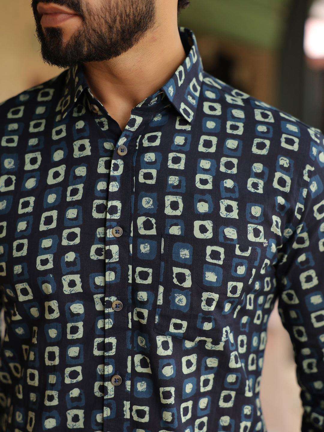 Men's Geometric Print Pure Cotton Navy Blue Casual Shirt - SanskrutiHomes 