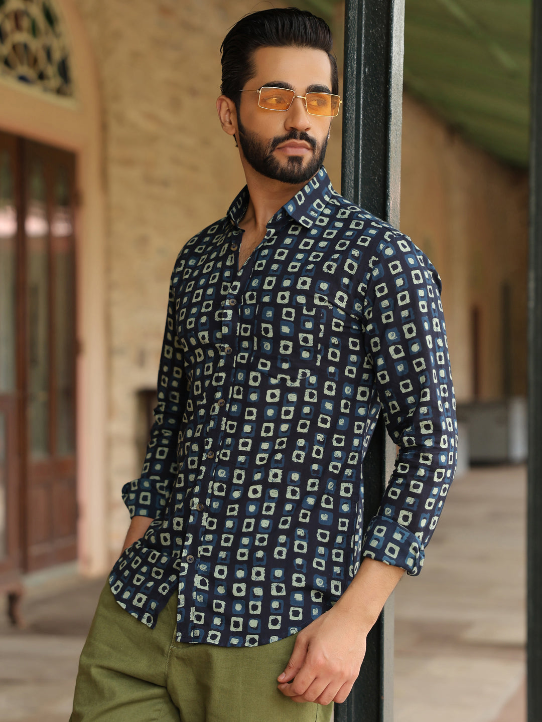 Men's Geometric Print Pure Cotton Navy Blue Casual Shirt - SanskrutiHomes 