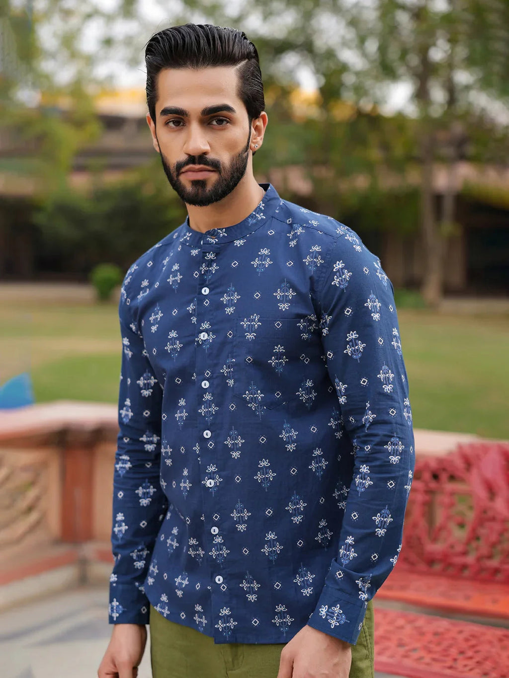 Men's Ethnic Print Pure Cotton Navy Blue Casual Shirt - SanskrutiHomes 