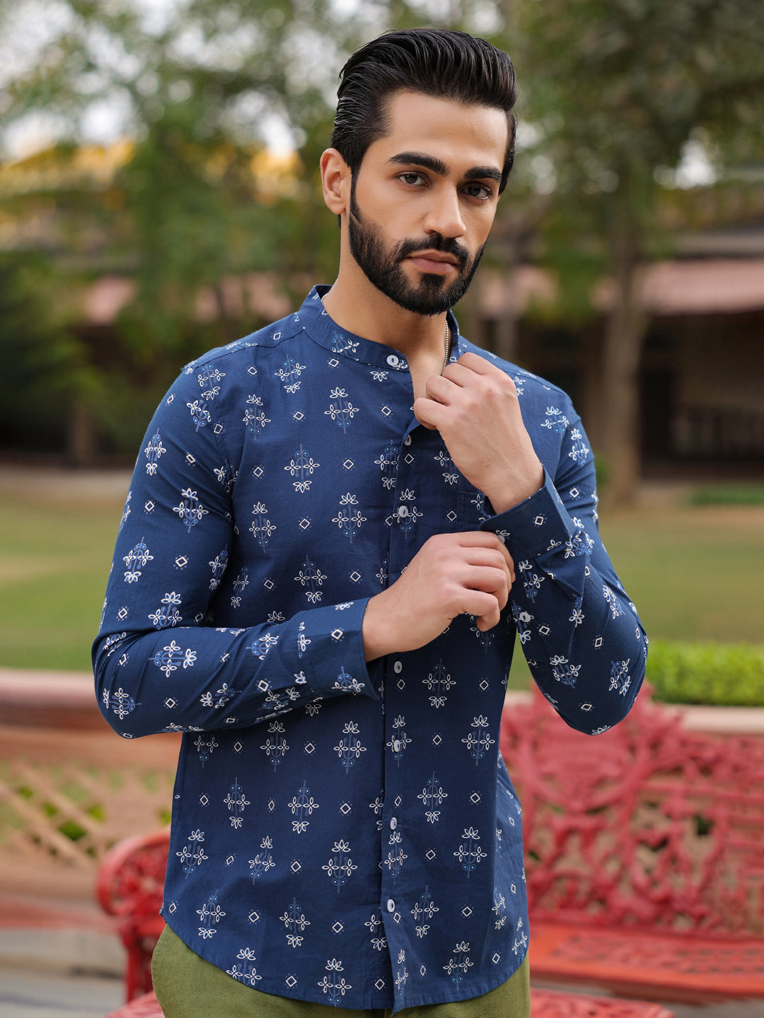 Men's Ethnic Print Pure Cotton Navy Blue Casual Shirt - SanskrutiHomes 