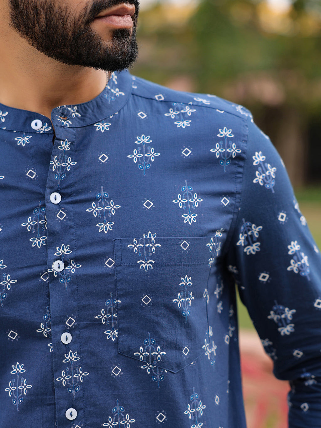 Men's Ethnic Print Pure Cotton Navy Blue Casual Shirt - SanskrutiHomes 