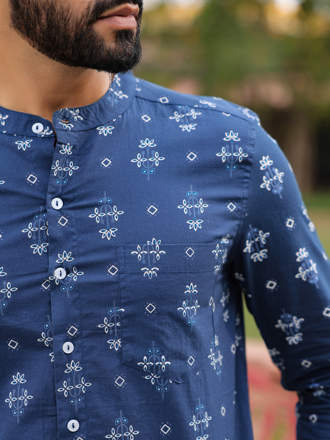Men's Ethnic Print Pure Cotton Navy Blue Casual Shirt - SanskrutiHomes 