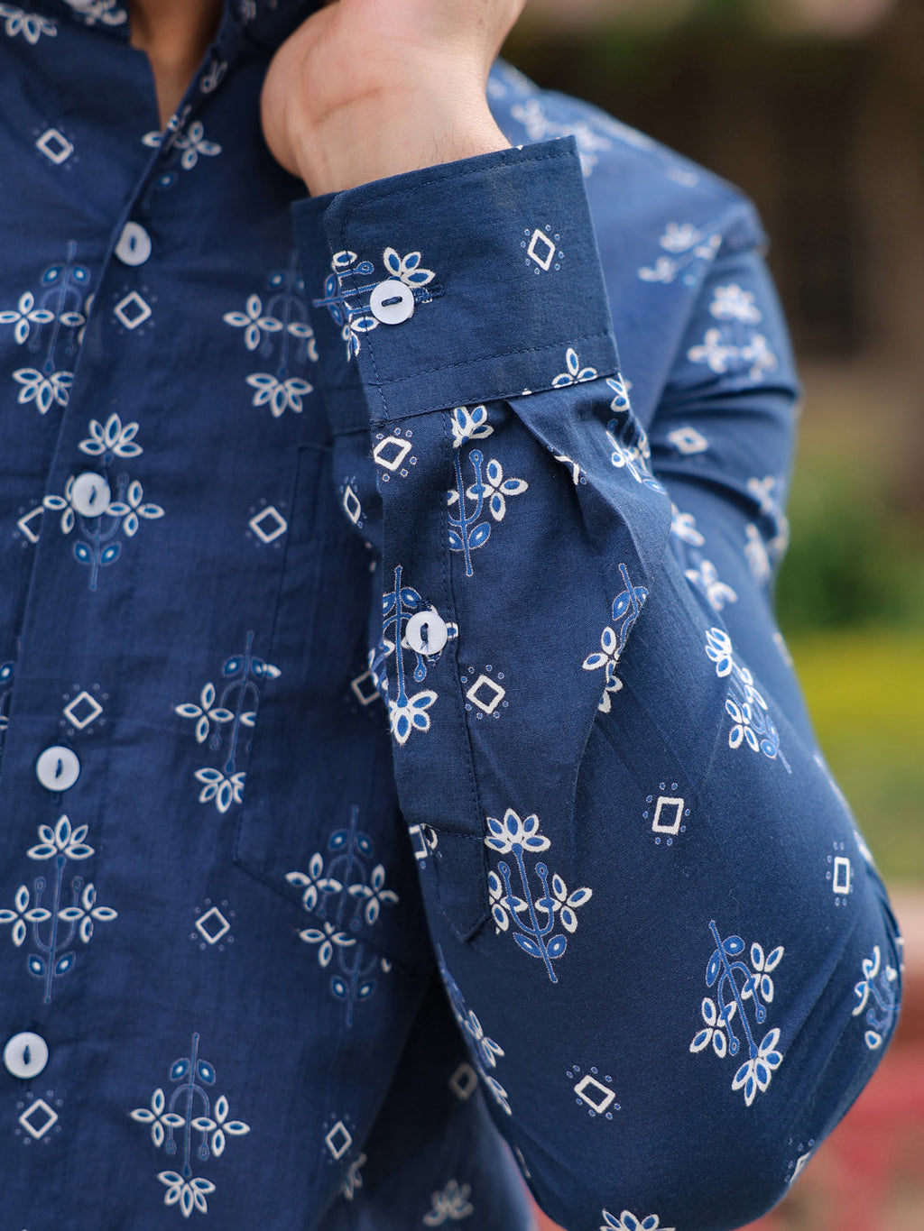 Men's Ethnic Print Pure Cotton Navy Blue Casual Shirt - SanskrutiHomes 