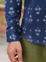Men's Ethnic Print Pure Cotton Navy Blue Casual Shirt - SanskrutiHomes 