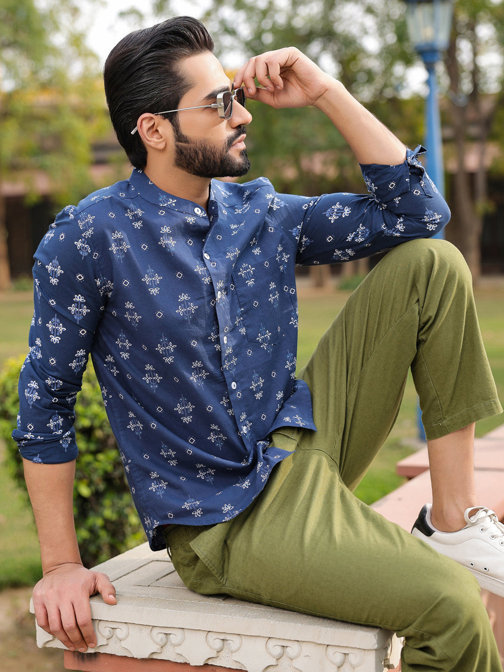 Men's Ethnic Print Pure Cotton Navy Blue Casual Shirt - SanskrutiHomes 