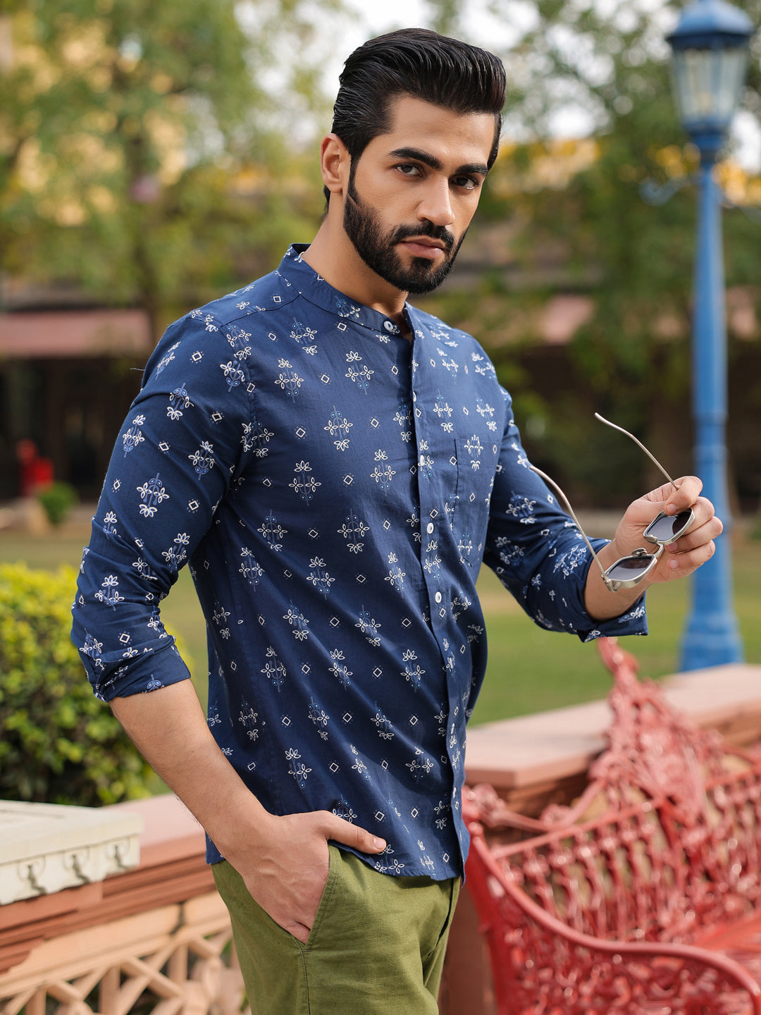 Men's Ethnic Print Pure Cotton Navy Blue Casual Shirt - SanskrutiHomes 
