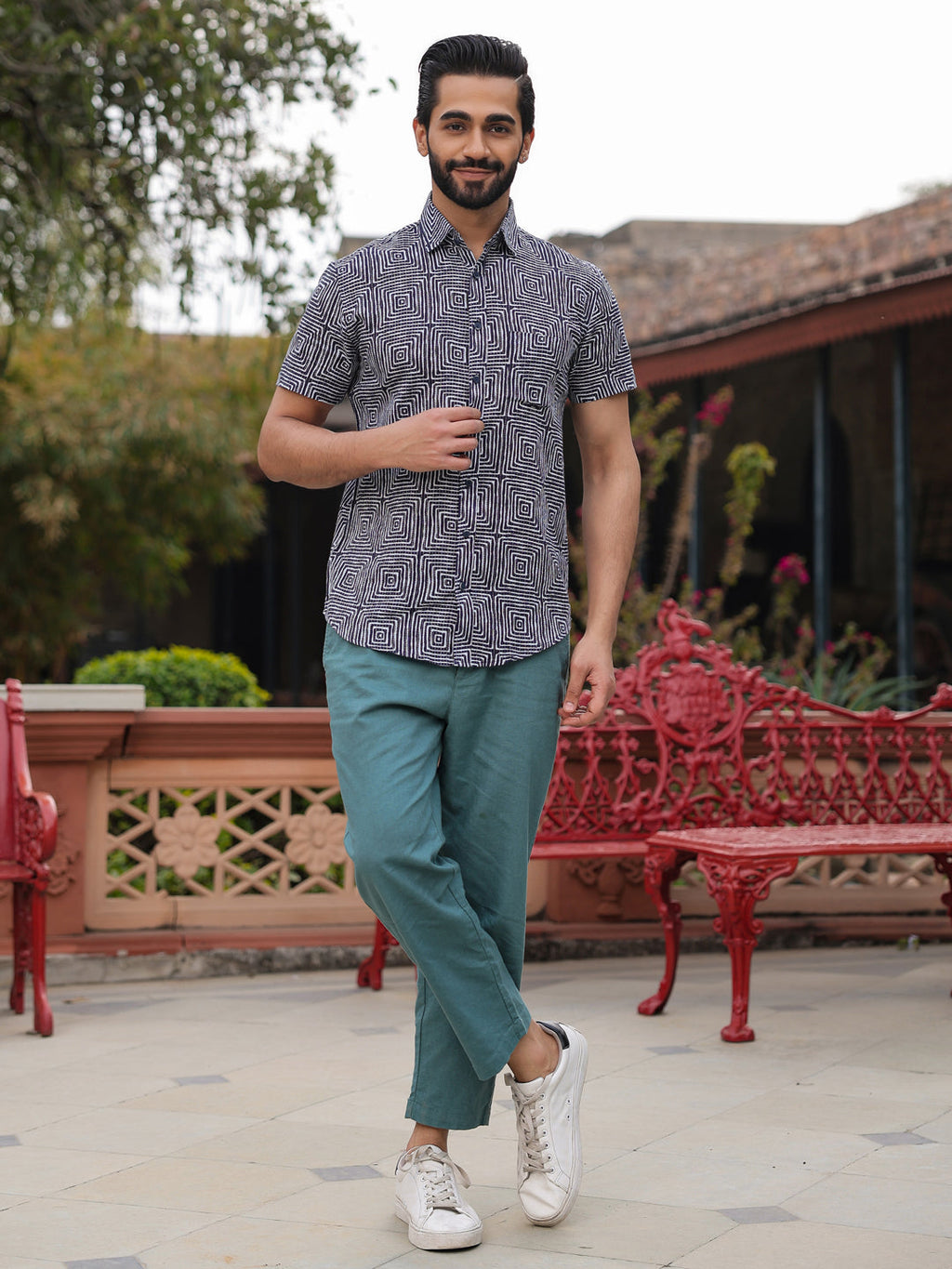 Men's Pure Cotton Blue Casual Shirt - SanskrutiHomes 