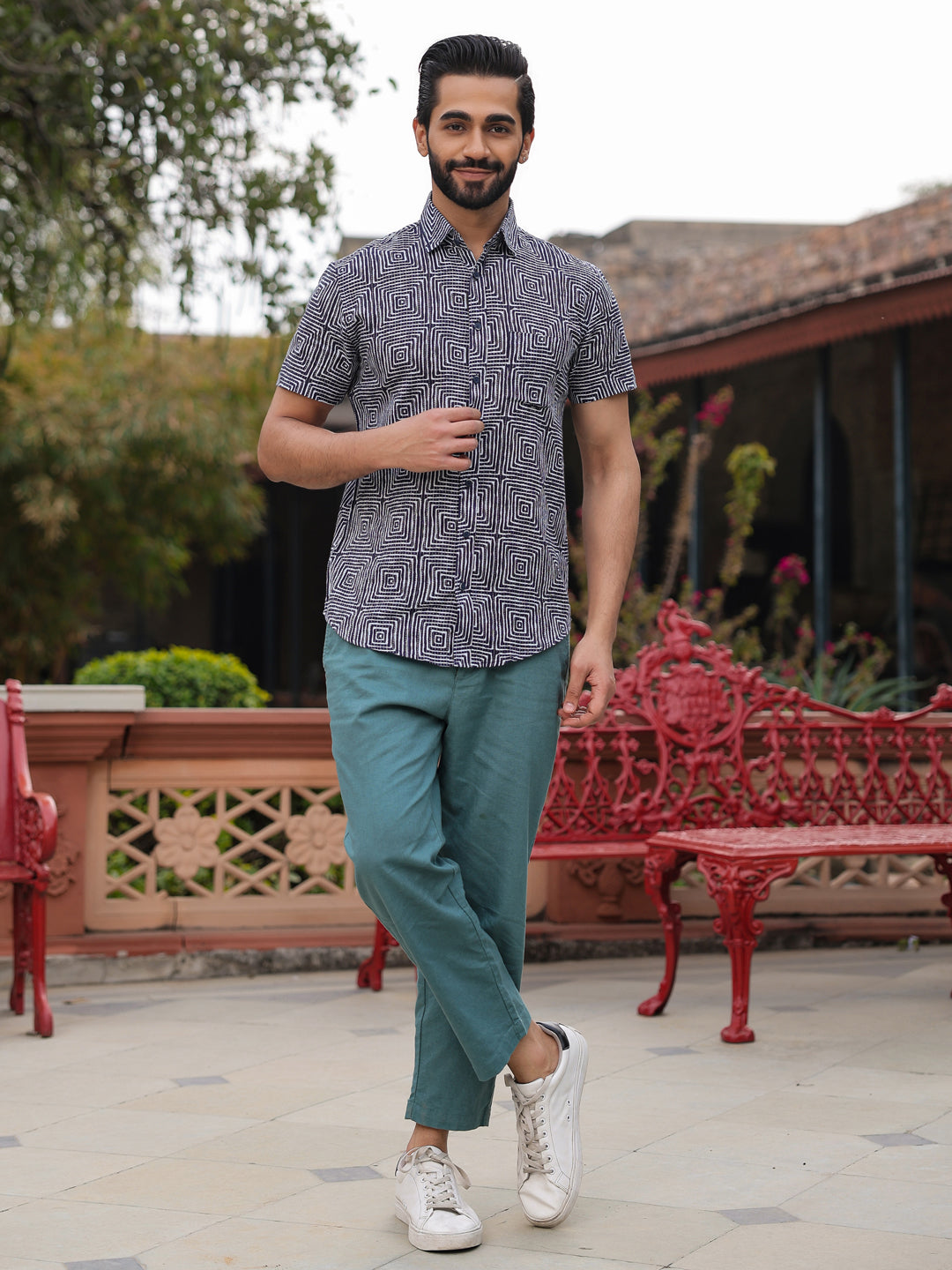 Men's Pure Cotton Blue Casual Shirt - SanskrutiHomes 