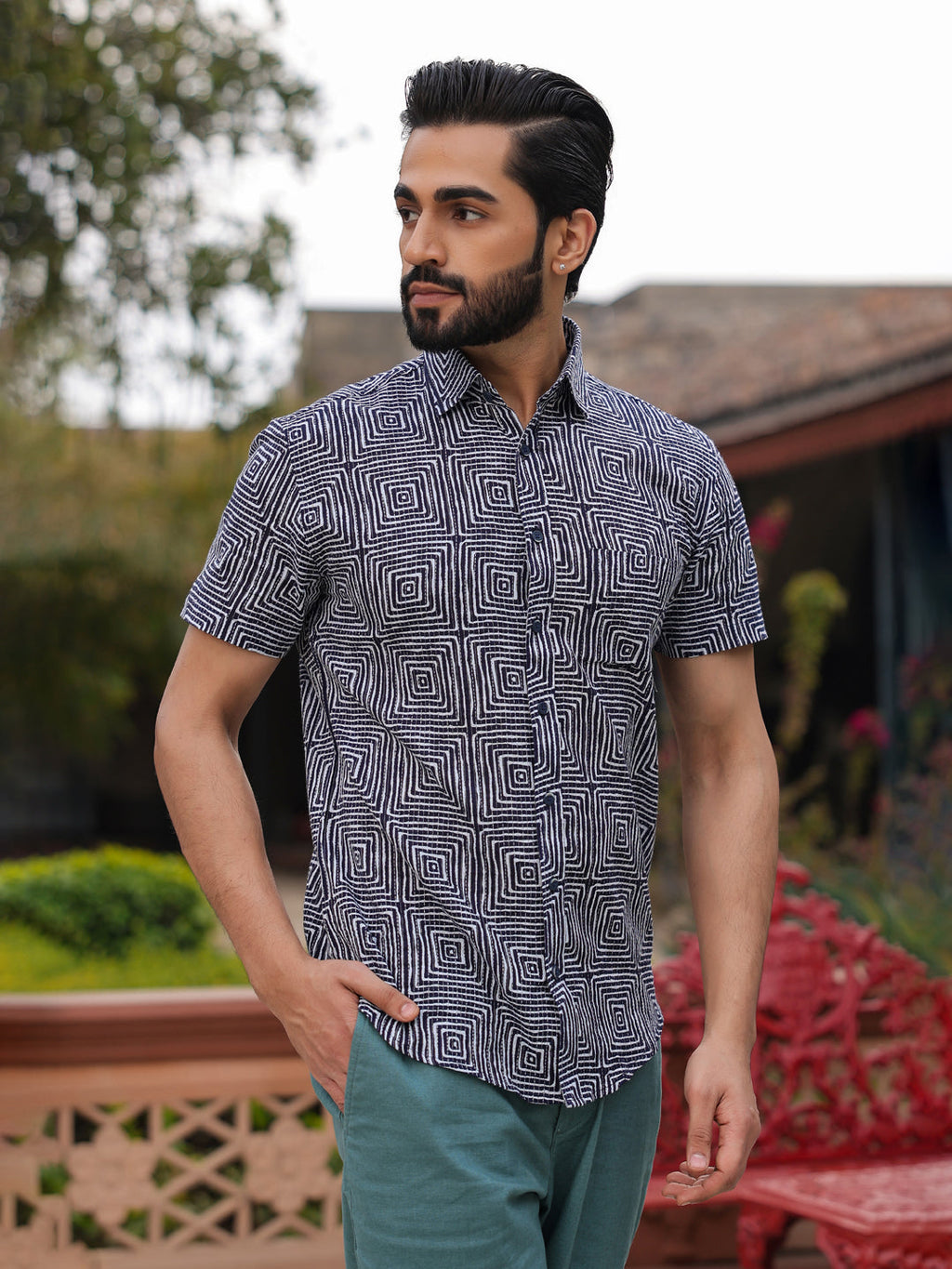 Men's Pure Cotton Blue Casual Shirt - SanskrutiHomes 