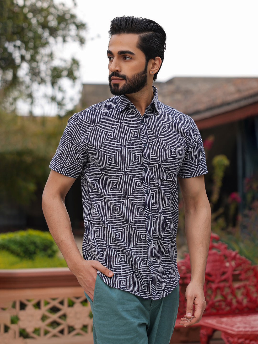 Men's Pure Cotton Blue Casual Shirt - SanskrutiHomes 