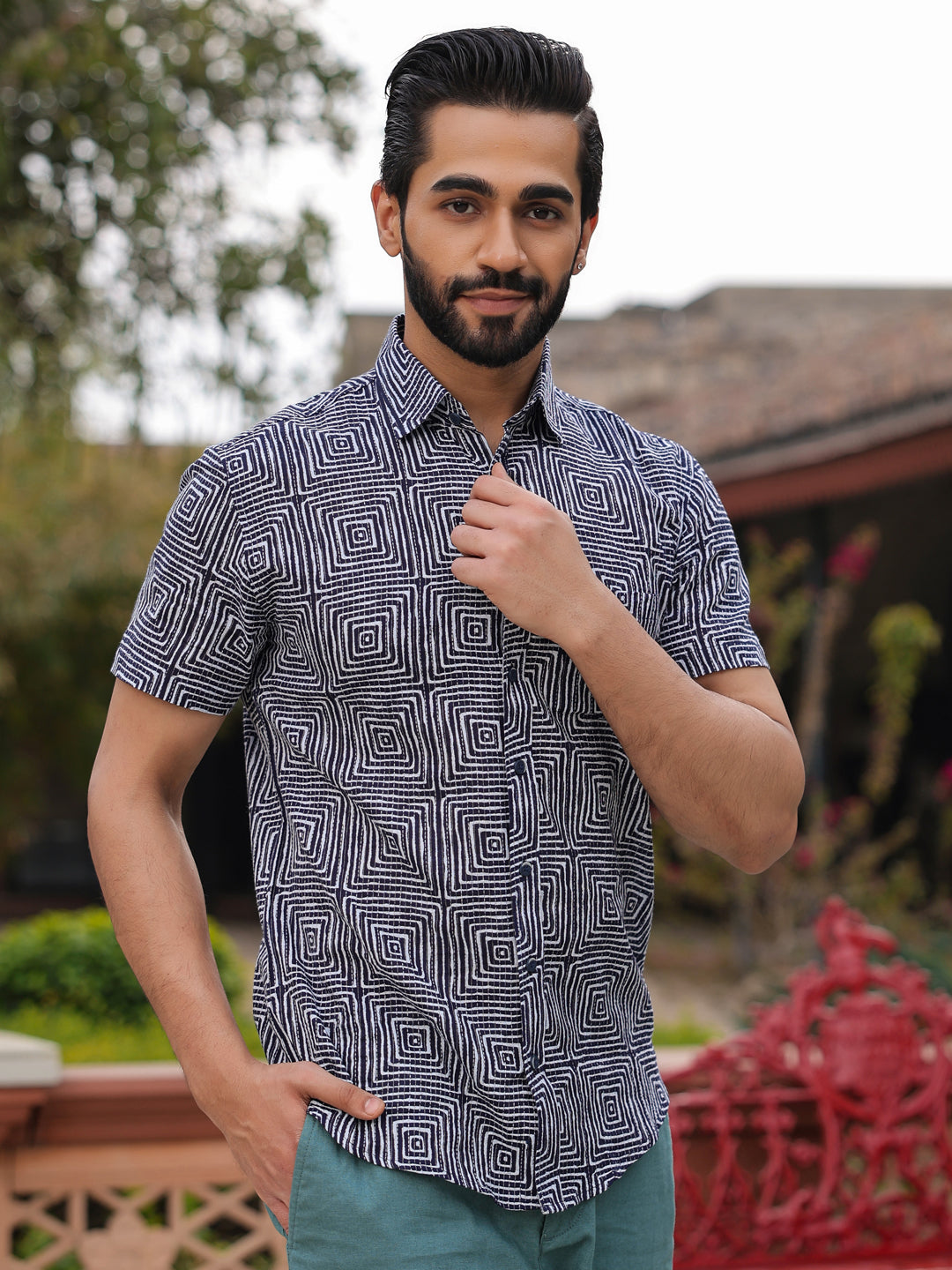 Men's Pure Cotton Blue Casual Shirt - SanskrutiHomes 