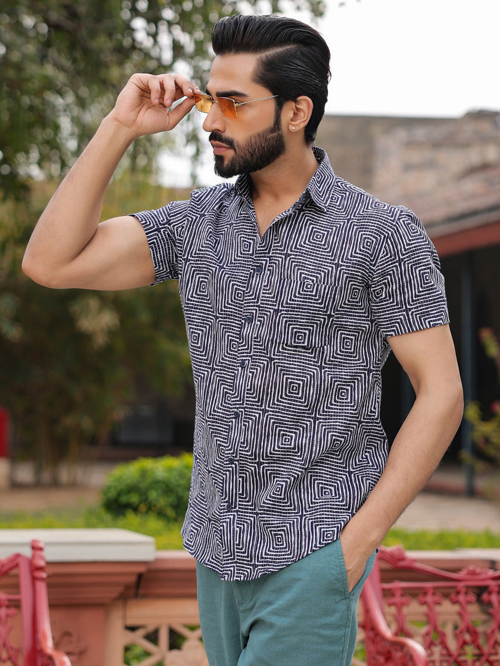 Men's Pure Cotton Blue Casual Shirt - SanskrutiHomes 
