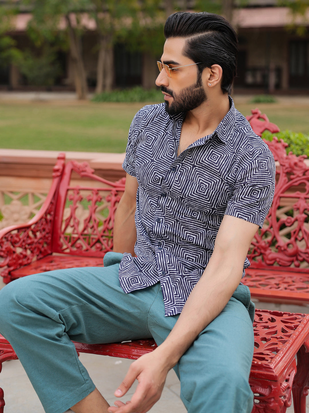 Men's Pure Cotton Blue Casual Shirt - SanskrutiHomes 