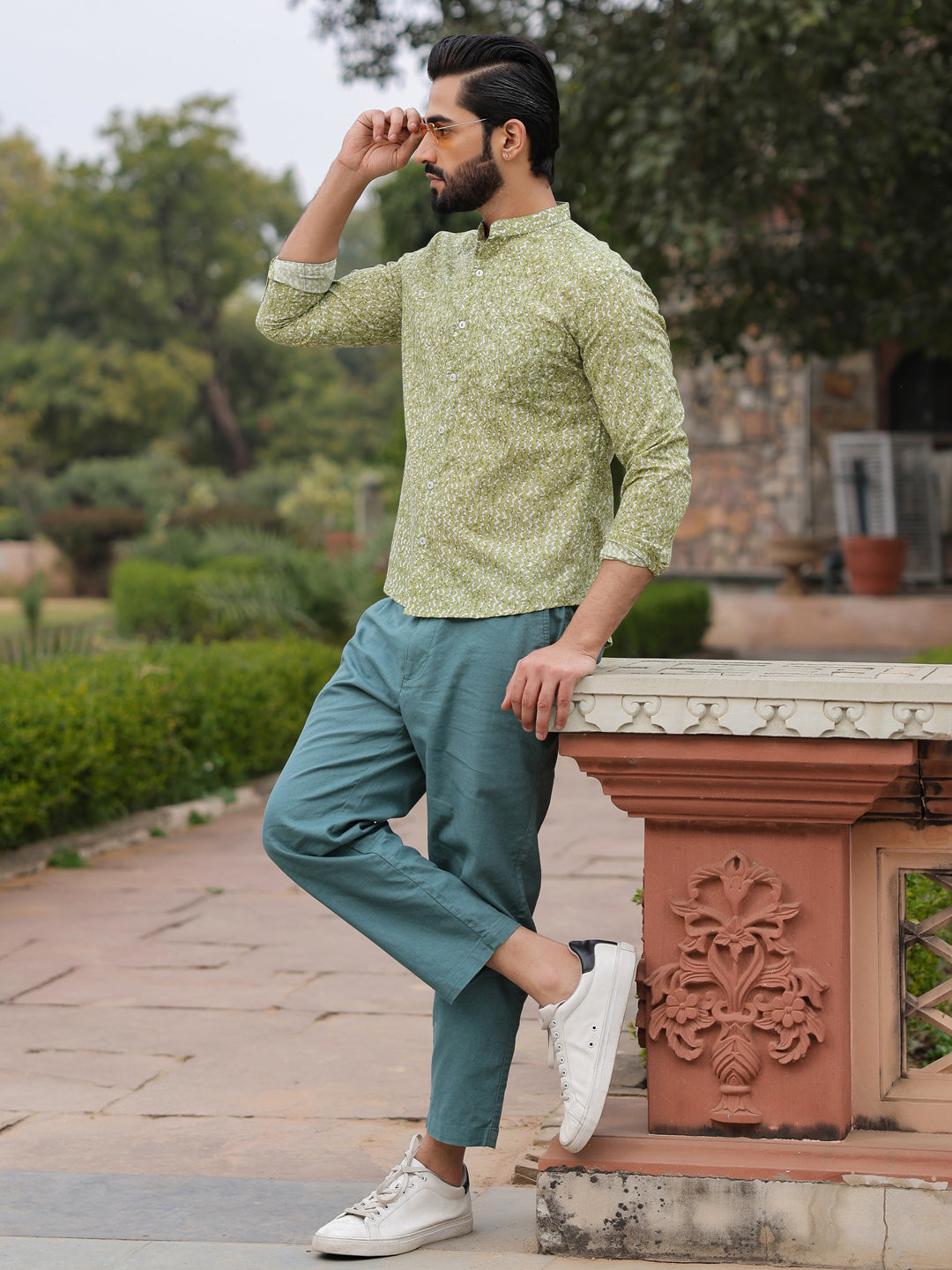 Men's Pure Cotton Green Casual Shirt - SanskrutiHomes 