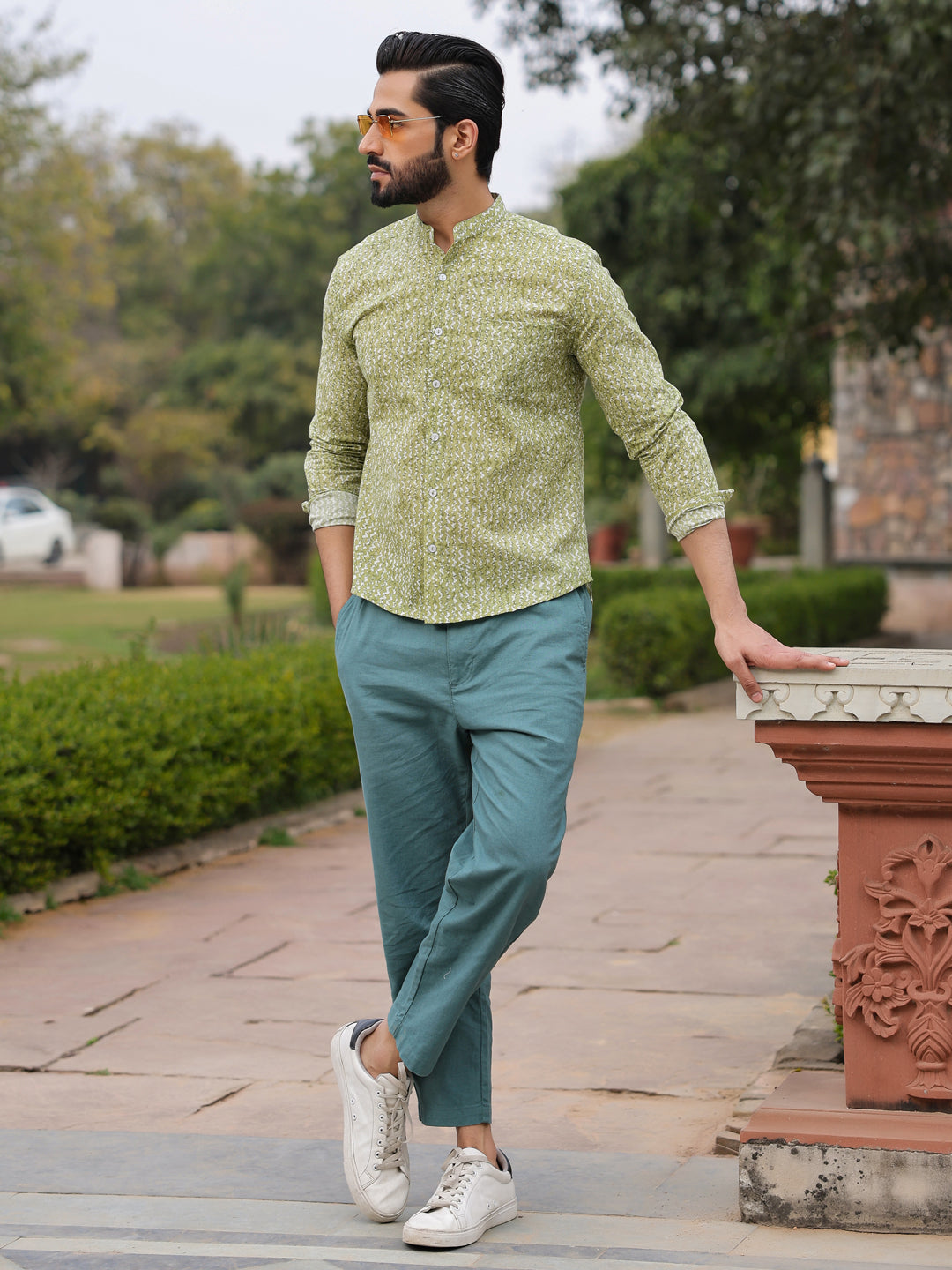 Men's Pure Cotton Green Casual Shirt - SanskrutiHomes 