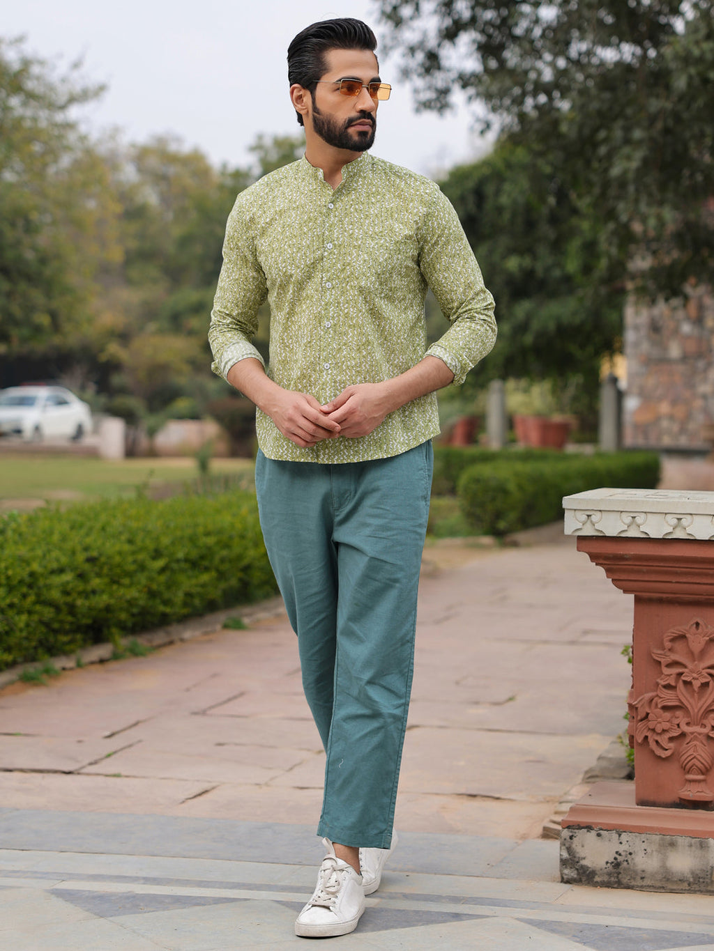 Men's Pure Cotton Green Casual Shirt - SanskrutiHomes 