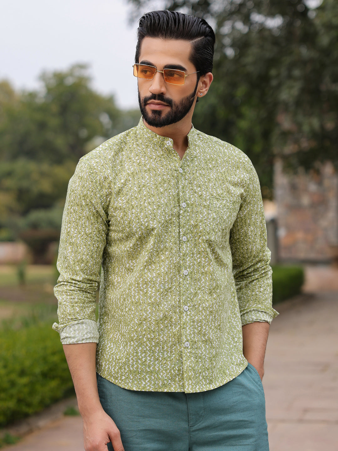 Men's Pure Cotton Green Casual Shirt - SanskrutiHomes 