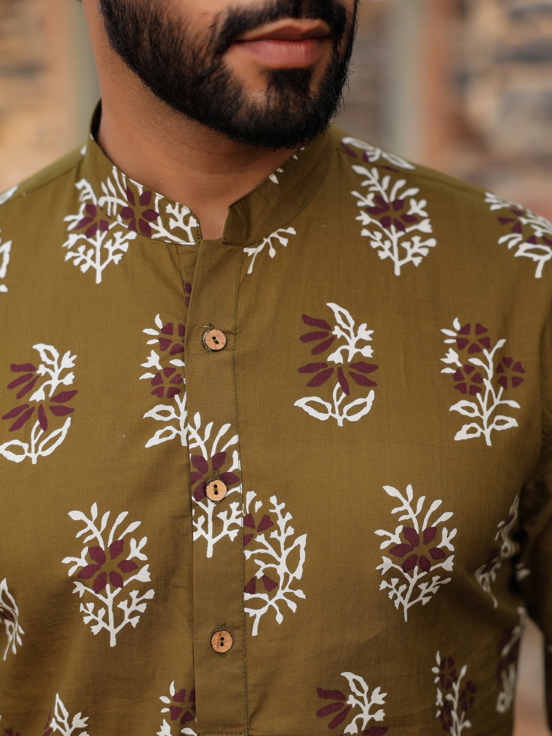 Men's Ethnic Motifs Pure Cotton Olive Printed Kurta - SanskrutiHomes 