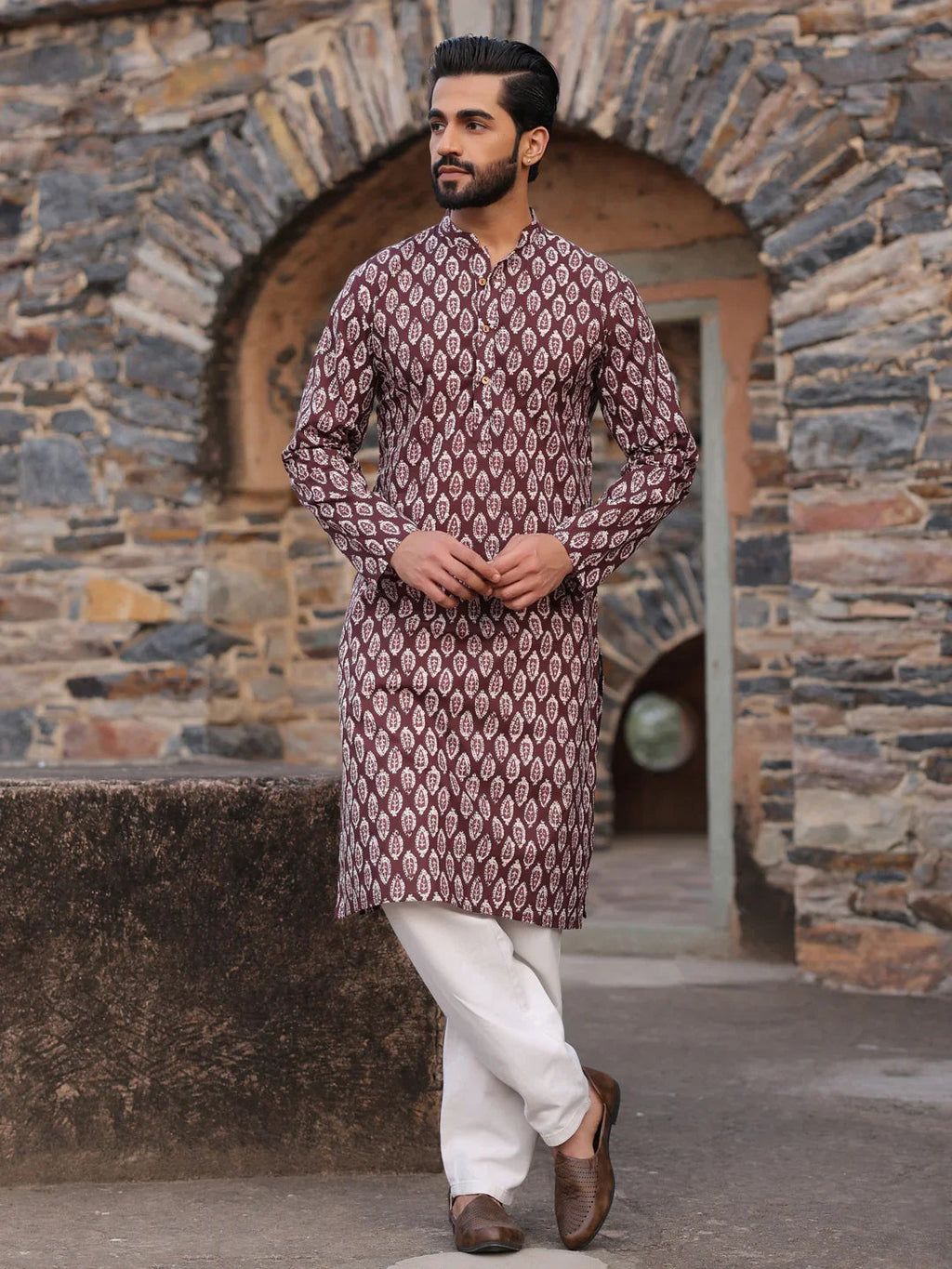 Men's Ethnic Motifs Pure Cotton Vine Printed Kurta - SanskrutiHomes 