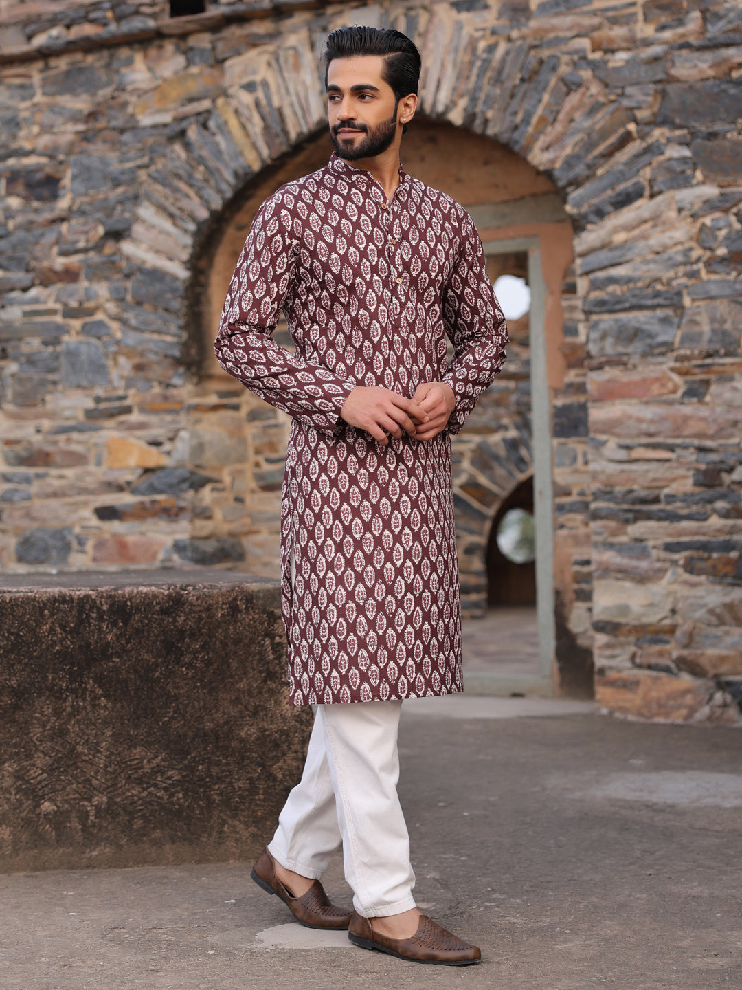 Men's Ethnic Motifs Pure Cotton Vine Printed Kurta - SanskrutiHomes 