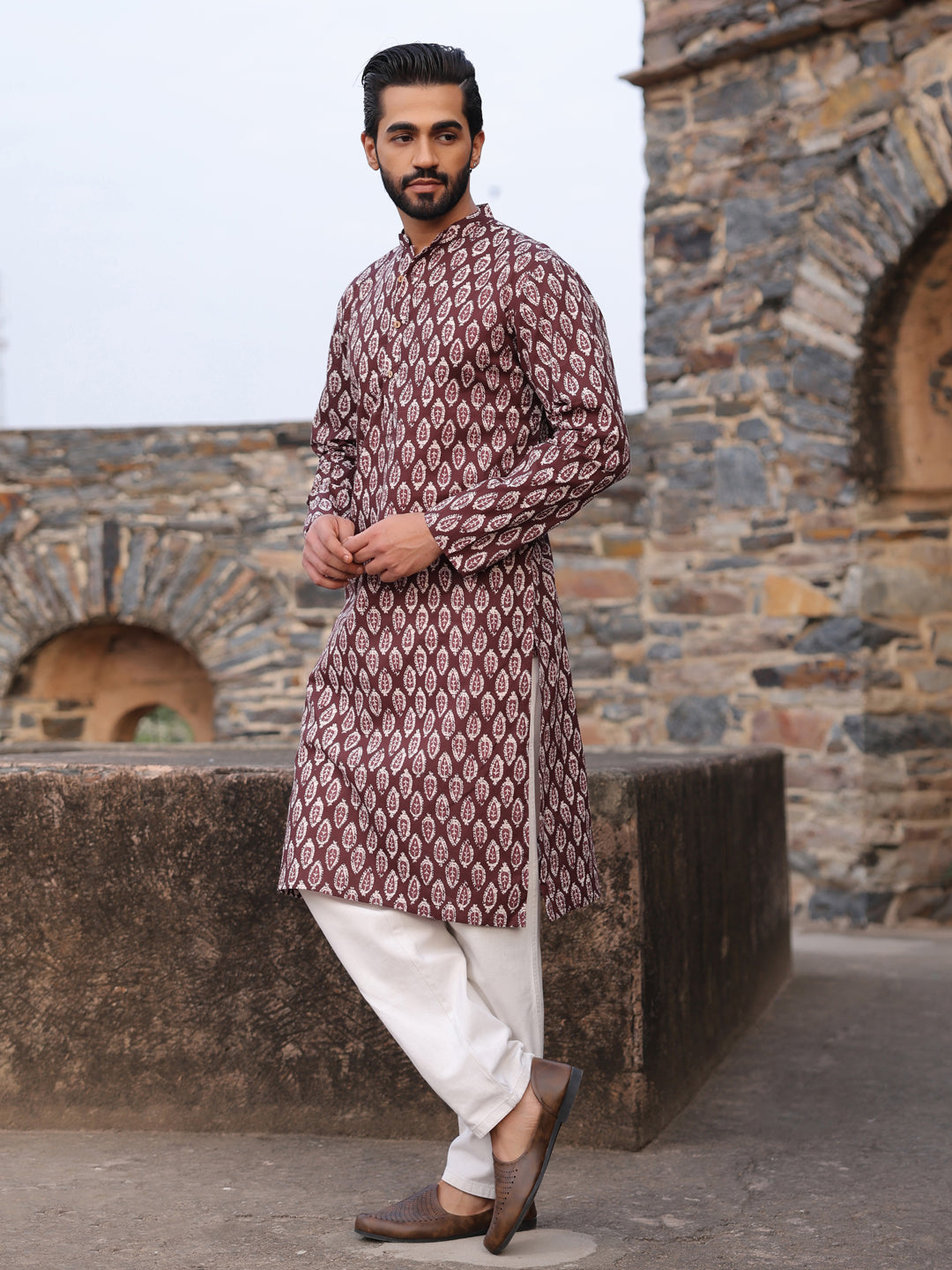 Men's Ethnic Motifs Pure Cotton Vine Printed Kurta - SanskrutiHomes 