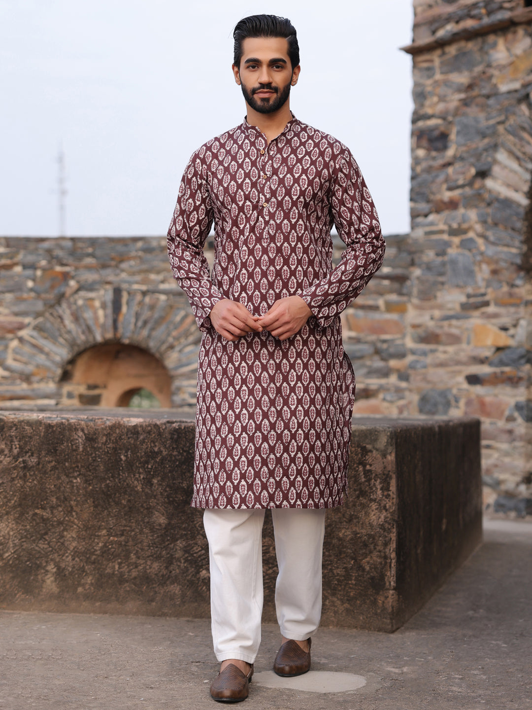 Men's Ethnic Motifs Pure Cotton Vine Printed Kurta - SanskrutiHomes 