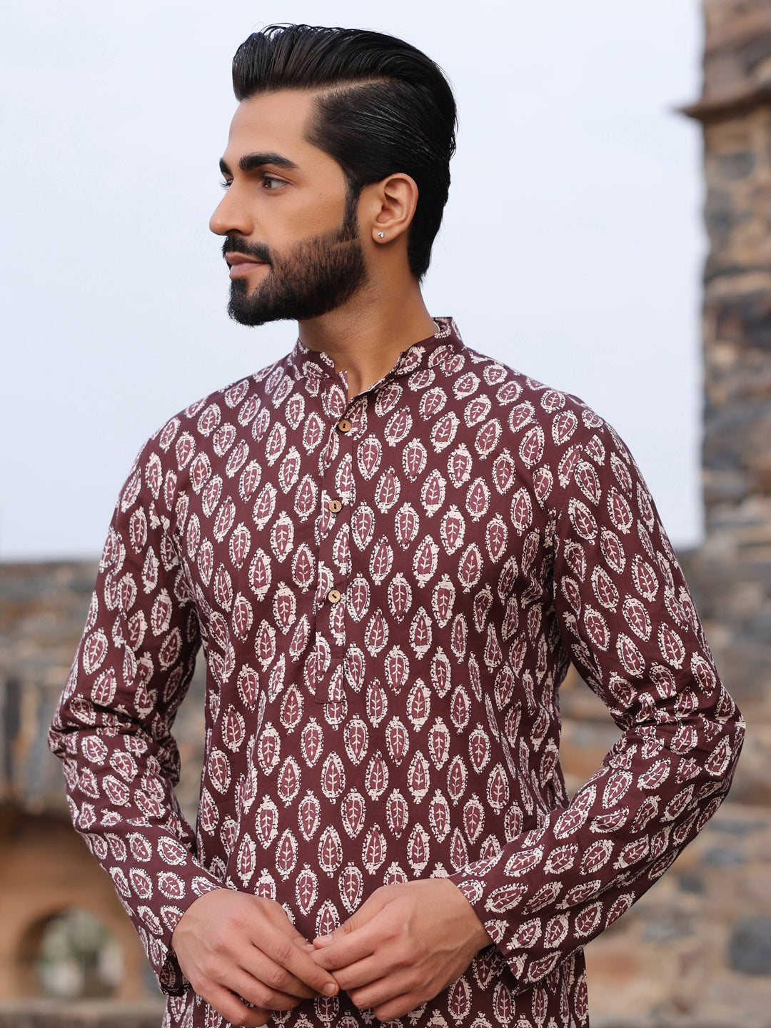 Men's Ethnic Motifs Pure Cotton Vine Printed Kurta - SanskrutiHomes 