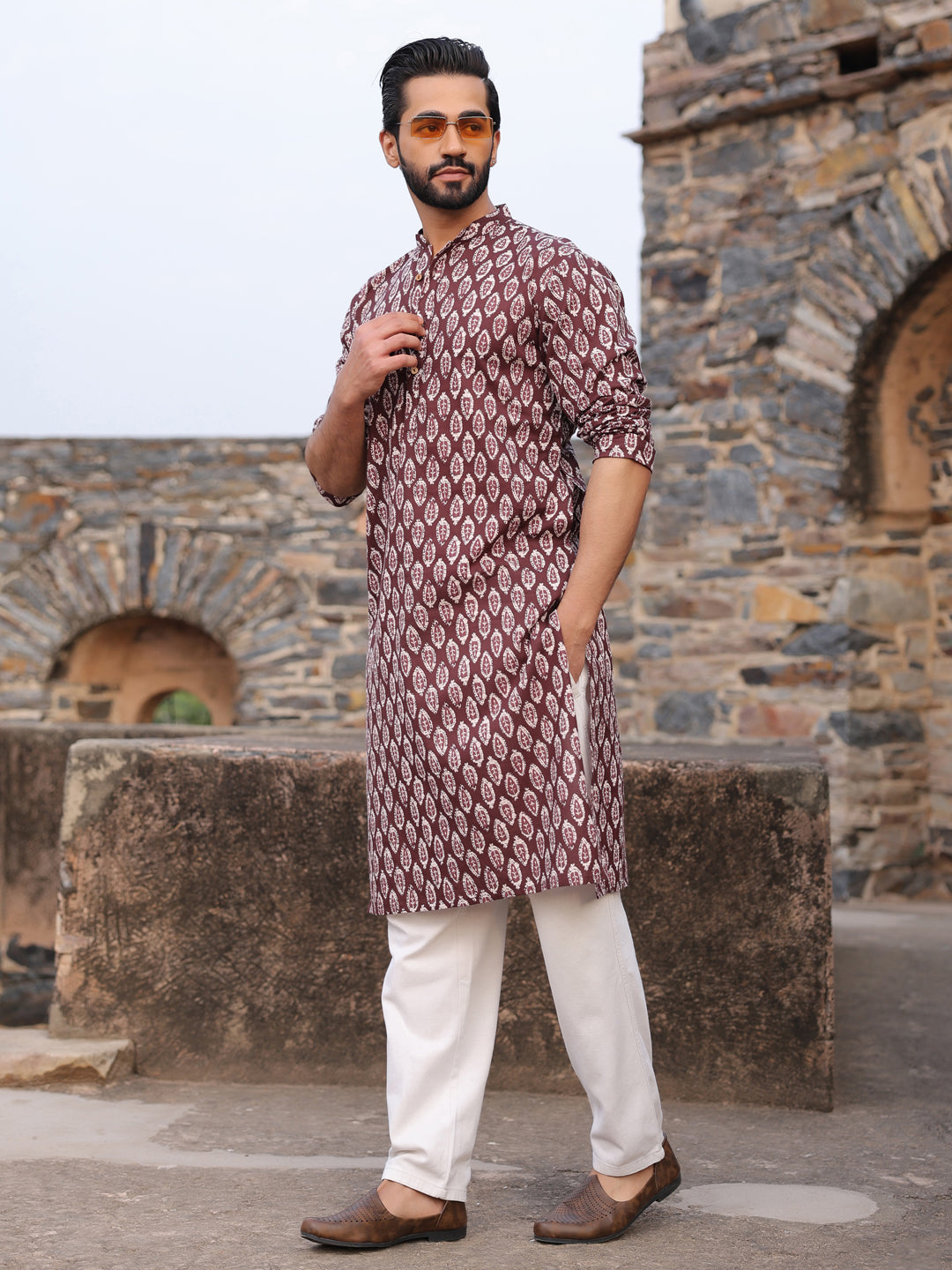 Men's Ethnic Motifs Pure Cotton Vine Printed Kurta - SanskrutiHomes 