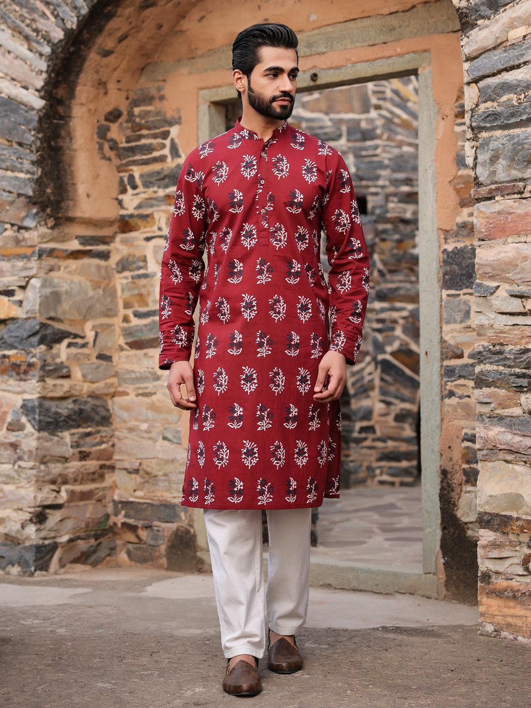 Men's Ethnic Motifs Pure Cotton Maroon Printed Kurta