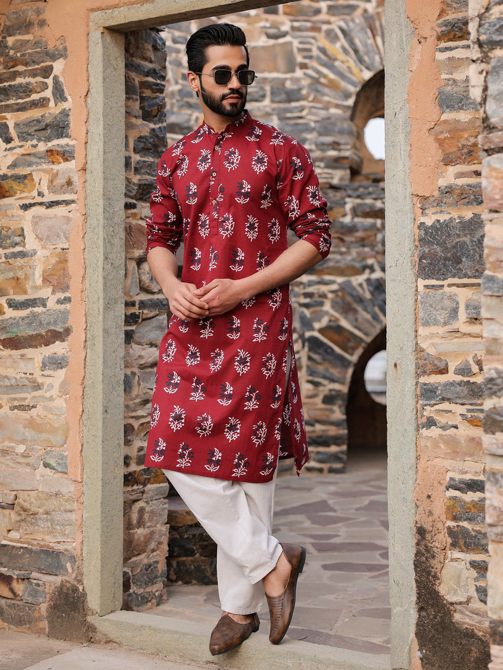 Men's Ethnic Motifs Pure Cotton Maroon Printed Kurta