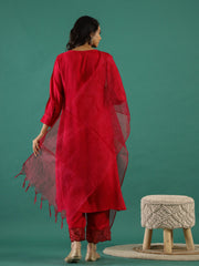 Red V-Neck Solid Sequinned Straight Kurta Set With Dupatta For Women