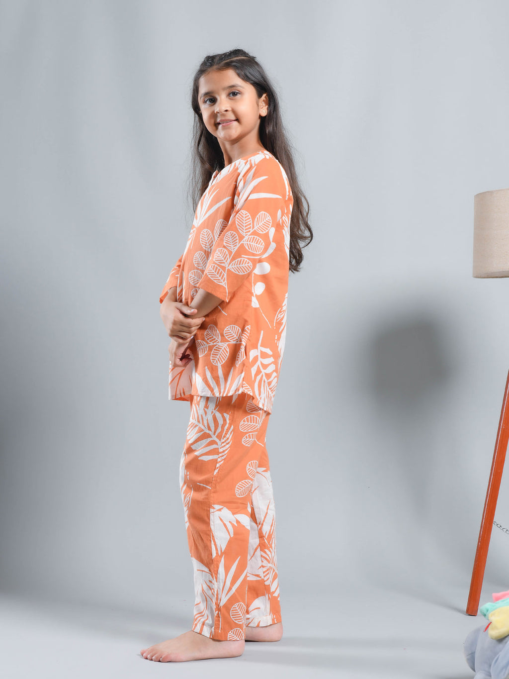 Orange Floral Printed Round Neck Kids Night Suit