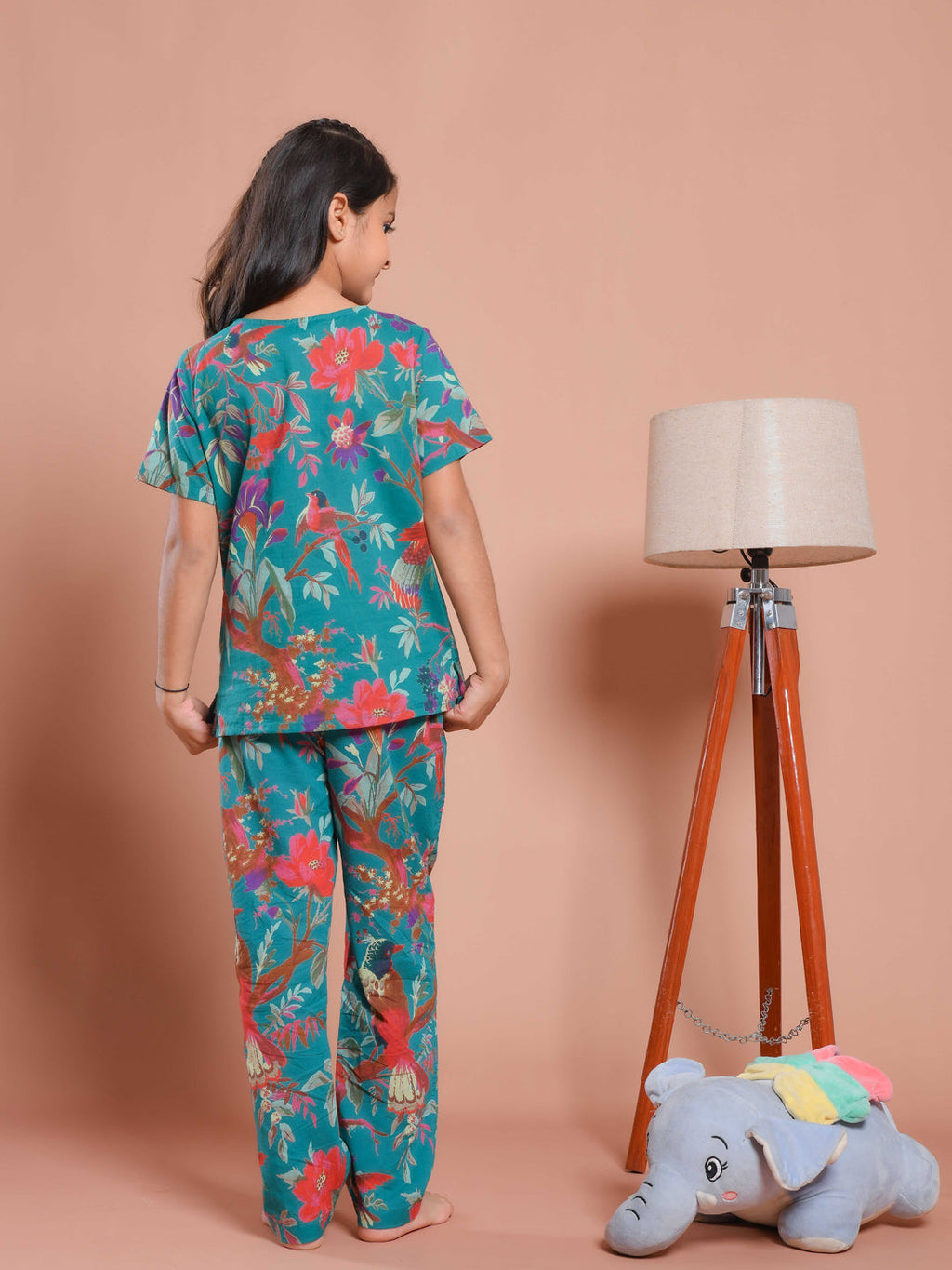 Blue Floral Printed Round Neck Kids Night Suit - SanskrutiHomes 