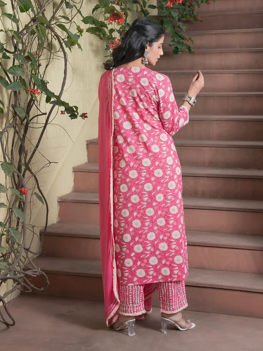 Floral Printed Pure Cotton Straight Kurta With Trousers & Dupatta - SanskrutiHomes 