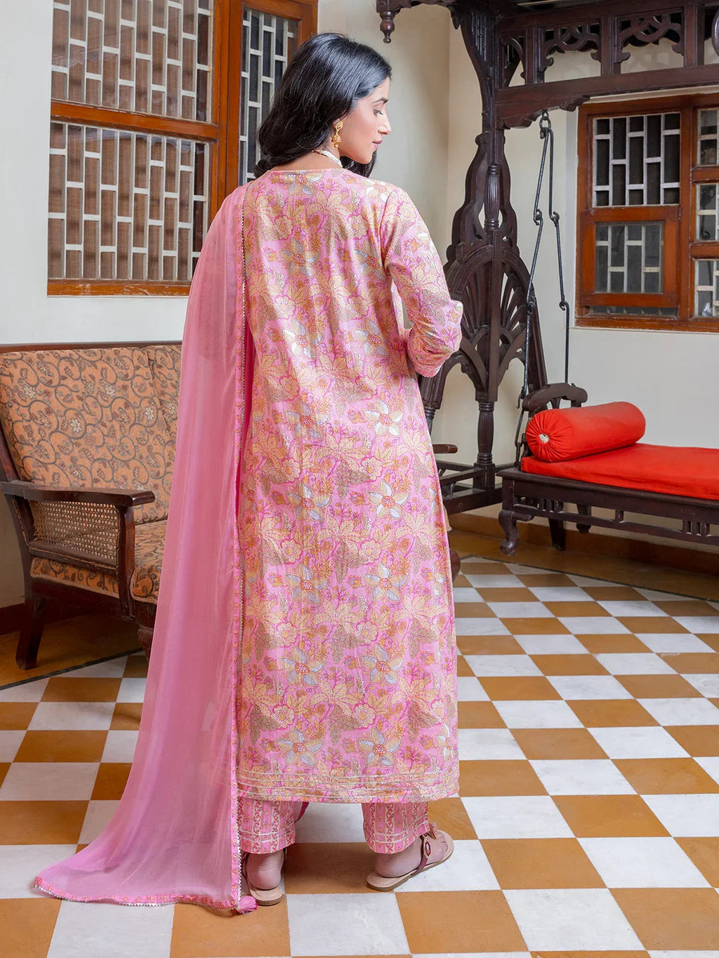Pink Cotton Kurta for Women - SanskrutiHomes 