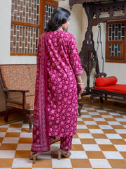 Pink Floral Gotta Patti Print V-Neck Cotton Kurta Set For Women