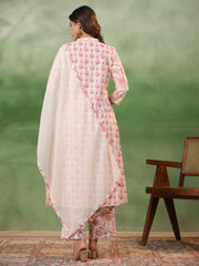 White Band Collar Ethnic Motif Print Pure Cotton A -Line Kurta Set For Women